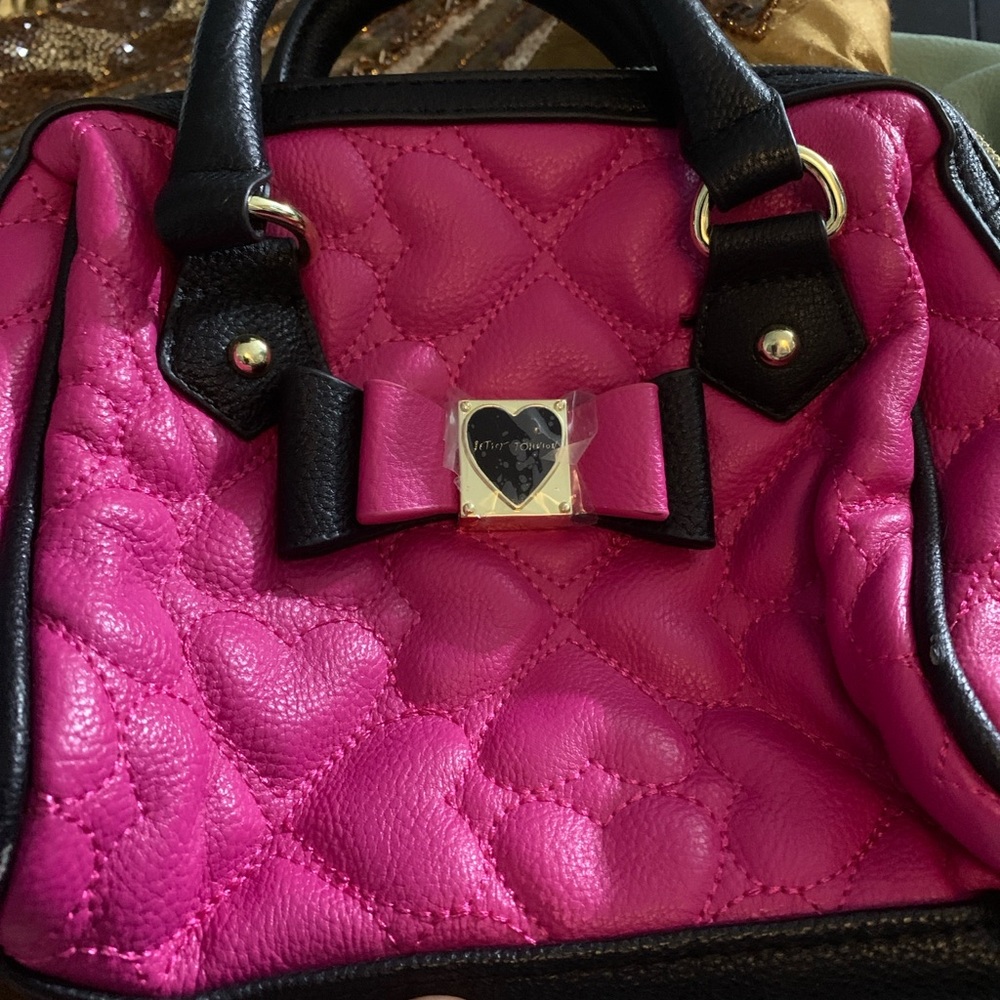 Betsey Johnson Hot Pink Quilted Crossbody with Black Trim-black adjustable strap